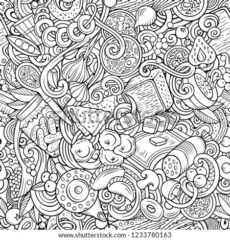 ストックフォト: Cartoon Cute Doodles Hand Drawn Russian Food Seamless Pattern