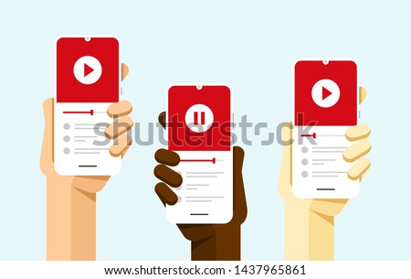 Smartphone Mockup In Human Hand Video Player Application Play Pause Slider Button Eps10 Vector Foto stock © karetniy
