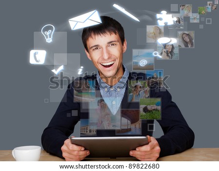 Stock fotó: A Businessman With Icons Floating Around His Head Portrait Of H