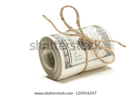 Сток-фото: Roll Of One Hundred Dollar Bills Tied In Burlap String On White