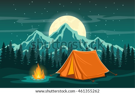 Foto d'archivio: Summer Camp Night Camping Campfire Pine Forest And Rocky Mountains Starry Night And Moonlight N