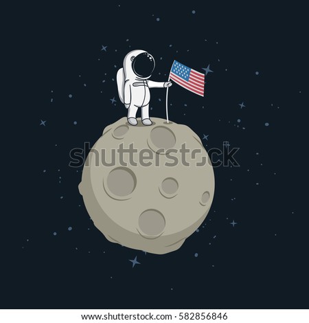 Zdjęcia stock: Astronaut On Moon Cosmic Man With The Flag Of America And Rock