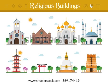 Stockfoto: Mosque Set Islamic Religious Building Vector Illustration For M