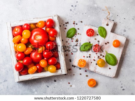 Stock photo: Organic Tomatoes With Basil In Vintage Wooden Box On Stone Kitchen Table Background San Marzano Or