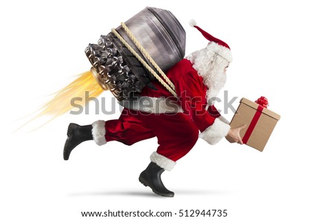 Zdjęcia stock: Fast Delivery Of Christmas Gifts Santa Claus Ready To Fly With A Rocket Isolated On White Backgroun