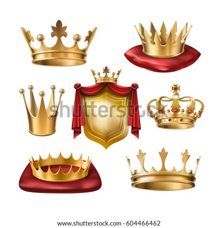 Foto stock: Gold Crown Vector Golden King Royal Crown With Gems Red Ribbon Velvet Textile Swordm Helmet Horn