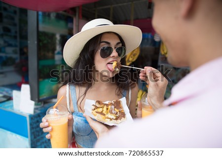 Foto stock: Young Woman Tourist On Walking Street Asian Food Market Vertical Format For Instagram Mobile Story O