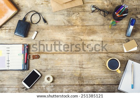 Stockfoto: Notepad And Stationery On Wooden Background Planner For Business And Study Fans Of Stationery Tra