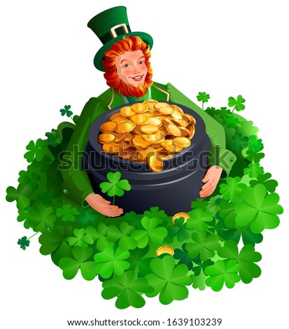 Foto d'archivio: Patrick Man Holding Big Pot Of Gold Coins Four Leaf Clover Great Luck Find Treasure Text Greeting C