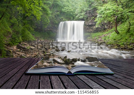 Foto d'archivio: Creative Concept Image Of Waterfall In Woods In Pages Of Book