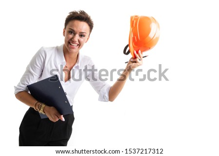 Foto stock: Beautiful Girl In White Helmet Shorts With Shirt Holding Scrolls Drawings And Talking On Phone Rea