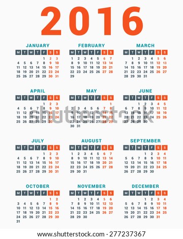 Сток-фото: Calendar For 2016 On White Background Week Starts Monday Simple Vector Template