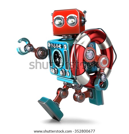 Foto stock: Vintage Robot Run With Lifebuoy Isolated Contains Clipping Path