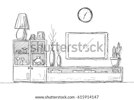 Foto stock: Linear Sketch Of The Interior Dresser With Tv And Shelves Vector Illustration