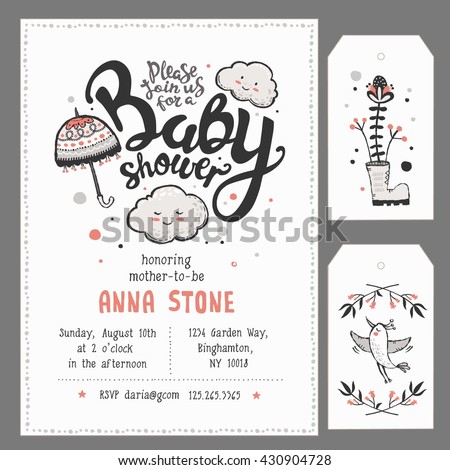 Stok fotoğraf: Beautiful Baby Shower Card Template With Lovely Baby Girl Unicor