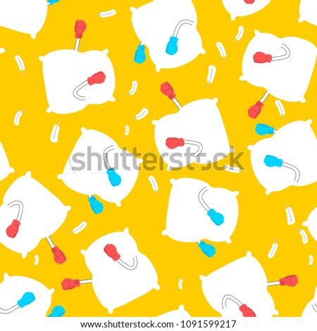 [[stock_photo]]: Pillow Fight Pattern Strong Cushions In Boxing Gloves Duel Bed
