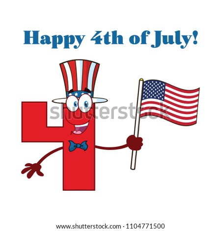 Stock photo: Happy Patriotic Red Number Four Cartoon Mascot Character Wearing A Usa Hat Waving