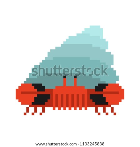 Foto stock: Crab Hermit Pixel Art 8 Bit Crab In Shell Marine Animal Vector