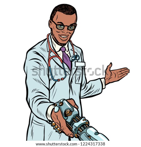 Foto stock: African Doctor Handshake Robot Medicine And Health Care Prosth