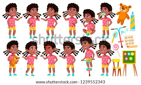 Foto stock: Girl Kindergarten Kid Poses Set Vector Happy Children Character Babysitting For Advertisement Gr