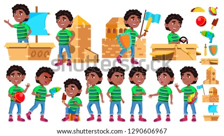 Zdjęcia stock: Black Afro American Boy Kindergarten Kid Poses Set Vector Little Children Happiness Enjoyment Fo