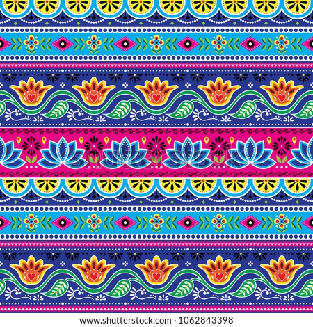 Stockfoto: Pakistani Or Indian Truck Art Vector Seamless Pattern Decorative Truck Floral Design With Flowers