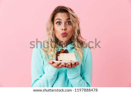 Сток-фото: Photo Of Joyful Girl In Basic Clothing Holding Piece Of Birthday