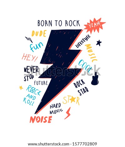 Foto stock: Rock N Roll Pattern With Hand Sign Icon And Typography Elements Silhouette Retro Style Seamless Har