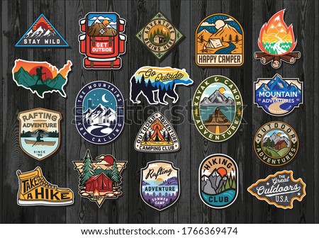 Stockfoto: Vintage Hand Drawn Adventure Logo Patch With Mountains Forest Outdoors Camp Emblem In Retro Style