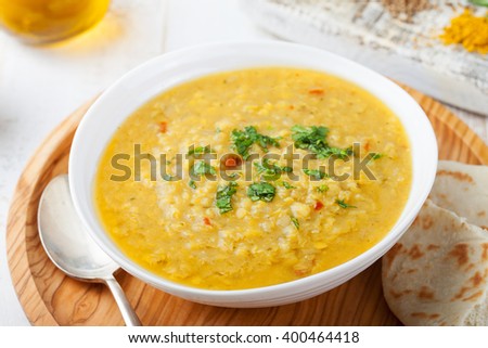 ストックフォト: Lentil Soup With Pita Bread In A Ceramic White Bowl On A Wooden Background