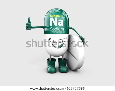 Stockfoto: Mineral Na Sodium Shining Pill Cartoon Capsule Icon 3d Illustration