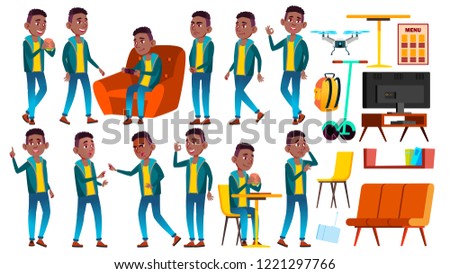 Foto stock: Boy Schoolboy Kid Vector Black Afro American High School Child Animation Creation Set Face Emot