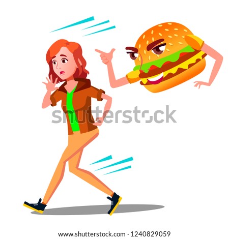 Foto stock: Scared Woman Runing Away From Hamburger Vector Isolated Cartoon Illustration