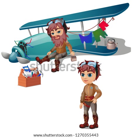 Stok fotoğraf: Pilot Crashed And Bearded Isolated On White Background Broken Plane And A Set Of Tools Vector Cart