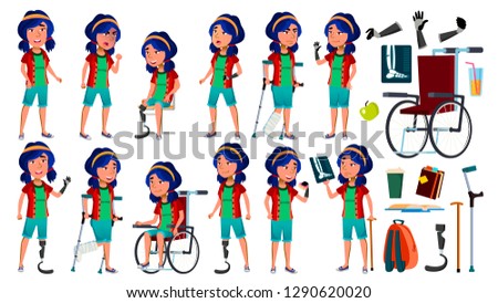 ストックフォト: Asian Girl Poses Set Vector Teenage Health Concept Cyborg Hybrid Wheelchair Amputation Prosthe