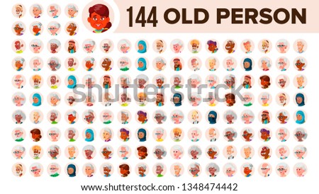 Сток-фото: Arab Muslim Old Man Avatar Set Vector Face Emotions Senior Person Portrait Elderly People Aged