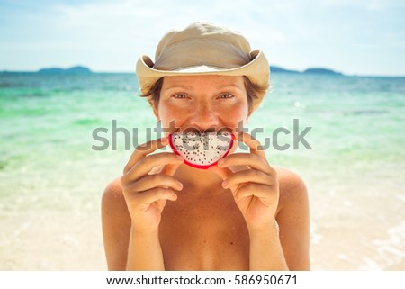 [[stock_photo]]: Smiling Face With Tropical Fruit Eyes Pitahaya Or Pitaya Passion Fruit Creative Artistic Style