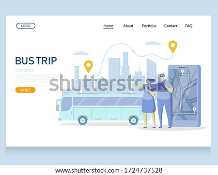 Zdjęcia stock: Landing Page Design Banner With Bus Tour Tourism Concept Yellow Bus On Road Beautiful Sky And Mo