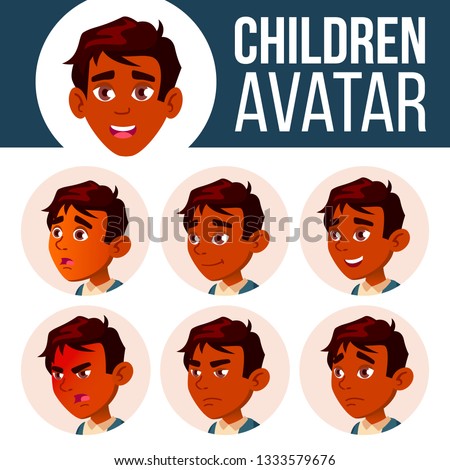 Foto d'archivio: Indian Boy Avatar Set Kid Vector High School Face Emotions Facial People Active Joy Cartoon H