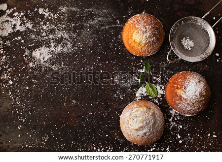Stok fotoğraf: Homemade Fresh Muffin With Sugar Powder Vintage Spoons And Blue