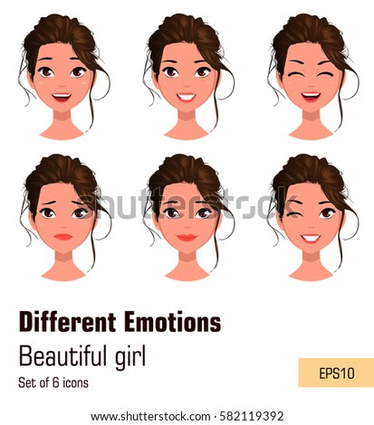 Stockfoto: Pretty Woman With Different Facial Expressions Set Pack Of Emotions - Young Girl Avatar In Flat Car