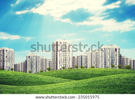 High Rise Buildings Over Green Hills Brightly Coloured Earth Charts And Other Virtual Items In Sky Stockfoto © cherezoff