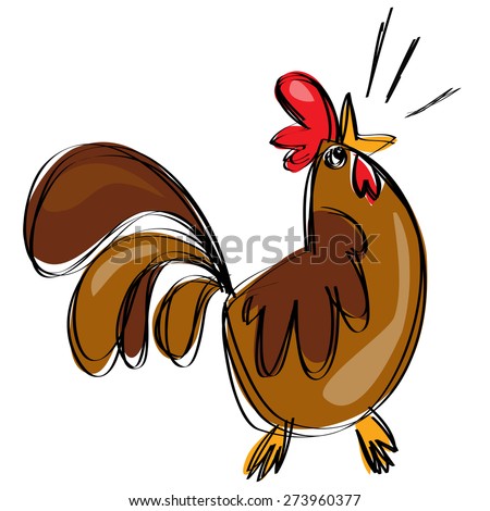 [[stock_photo]]: Cartoon Brown Rooster Crowing In A Naif Childish Drawing Style