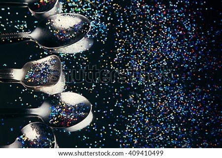 ストックフォト: Abstract Art Concept With Multicolored Glitter And Spoons Idea Of The Sky Space Music And Subcult
