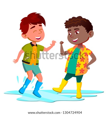 Foto stock: African And Asian Kids In Boots Jump In Puddle After The Rain Vector Isolated Illustration