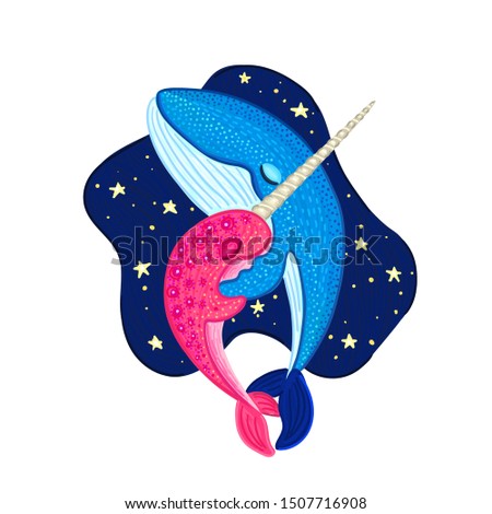 Stockfoto: Vector Narwhal And Blue Whale Are Hugging And Dancing Cute Cartoon Character Colorful Marine Life