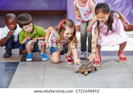 Stock fotó: Toddlers Boy And Girl Caresses And Playing With Turtle In The Petting Zoo Concept Of Sustainability