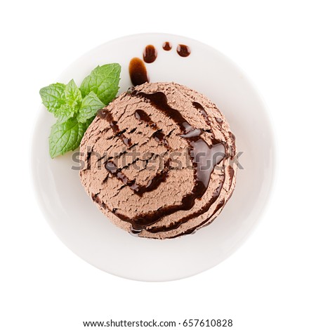 Stockfoto: Ice Cream Brown Scoop On Plate Decorated Mint Leaves Chocolate Sauce Top View Isolated On White B