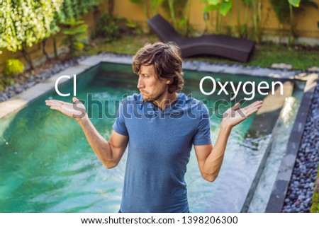 Stockfoto: Man Chooses Chemicals For The Pool Chlorine Or Oxygen Swimming Pool Service And Equipment With Chem