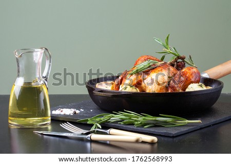 Stock fotó: Roasted Whole Chicken Or Turkey Served In Iron Pan With Christmas Decoration